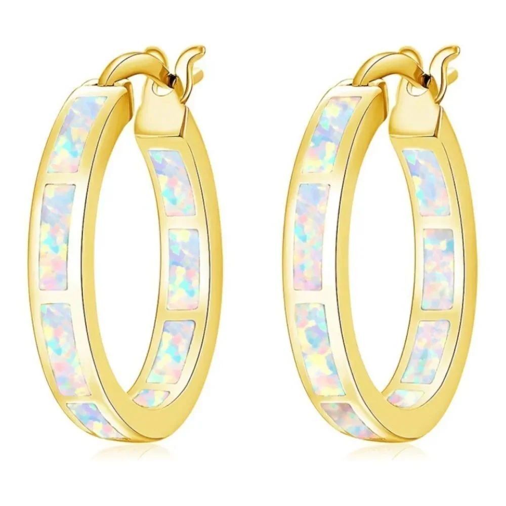 14K Yellow Gold with Genuine White Fire Opal Round Latch Back Hoop Earrings